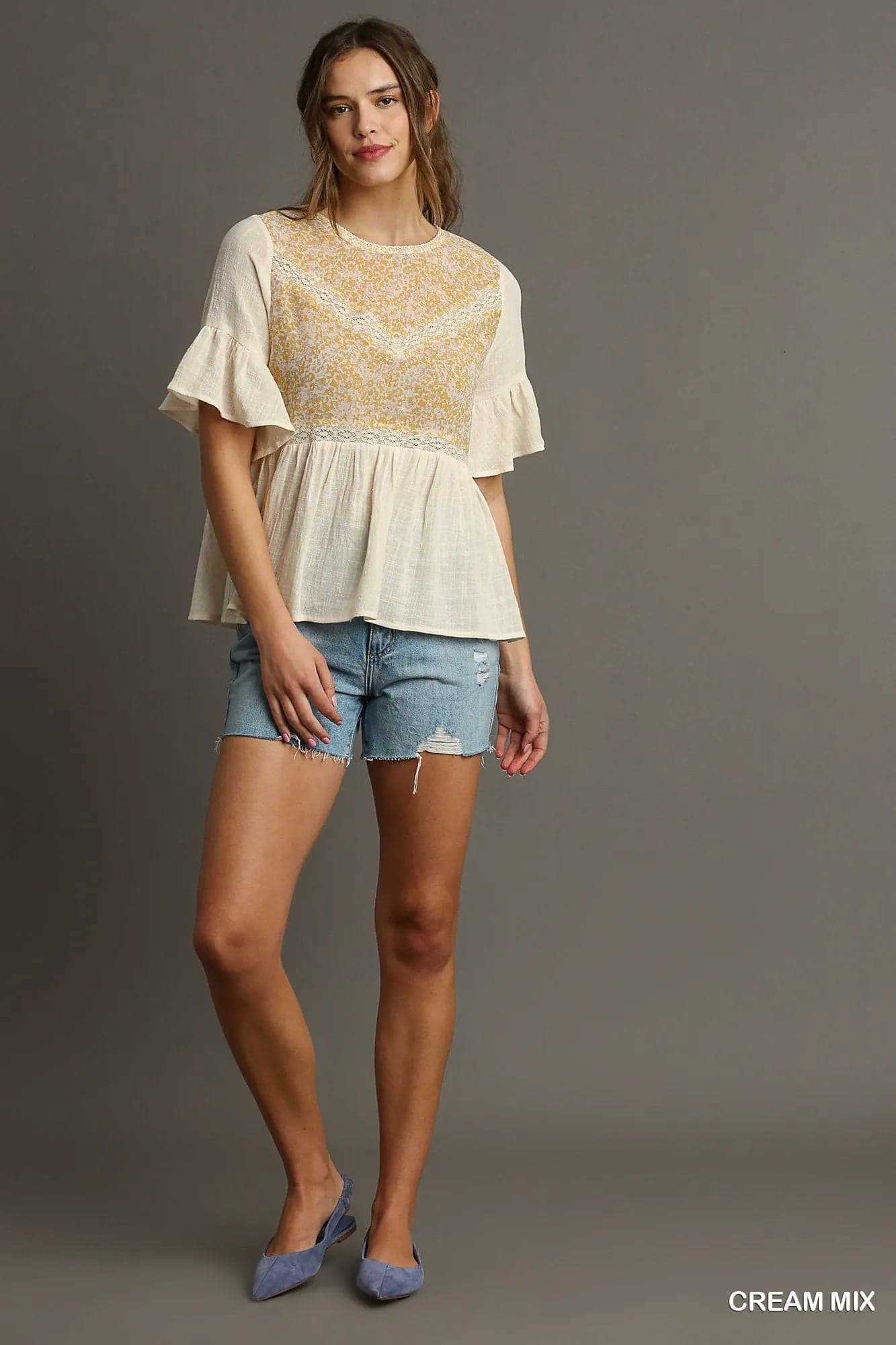 Umgee Floral Lace Trimmed Detail Half Sleeve Babydoll Top - CREAM MIX / S - Thumbnail 4