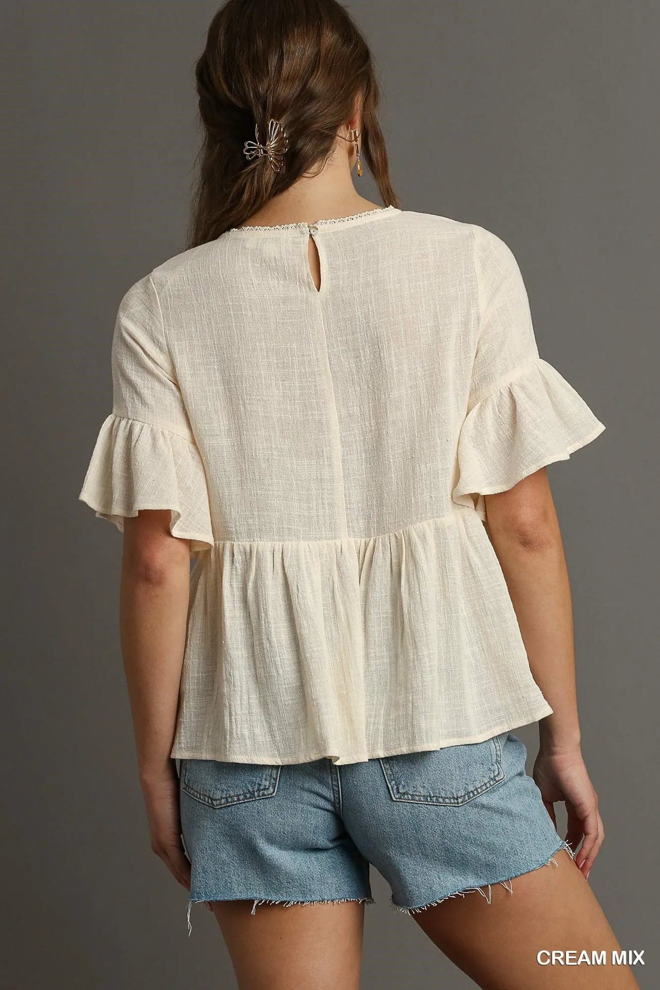 Umgee Floral Lace Trimmed Detail Half Sleeve Babydoll Top - CREAM MIX / S - Thumbnail 2