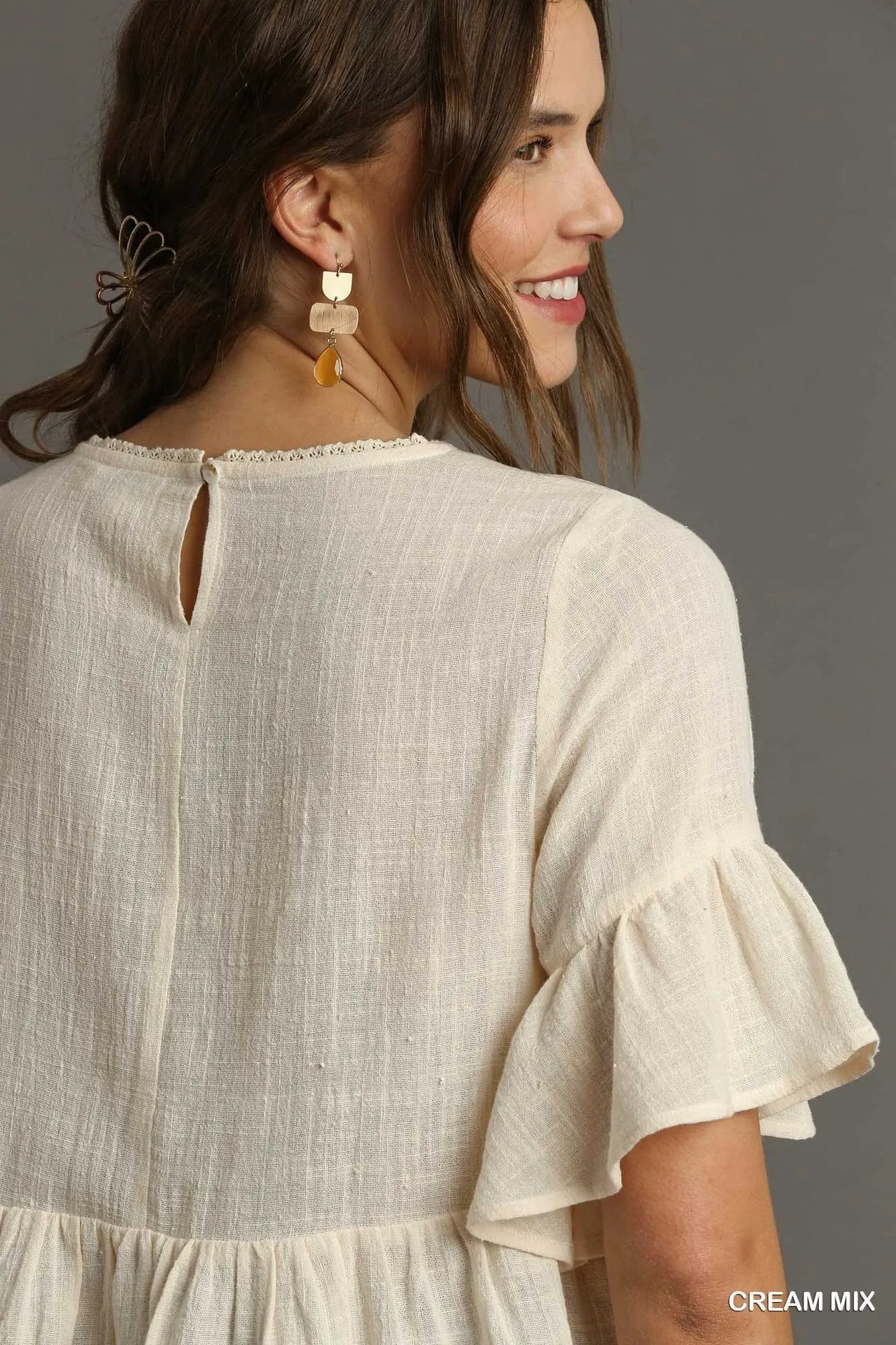 Umgee Floral Lace Trimmed Detail Half Sleeve Babydoll Top - CREAM MIX / S - Thumbnail 3