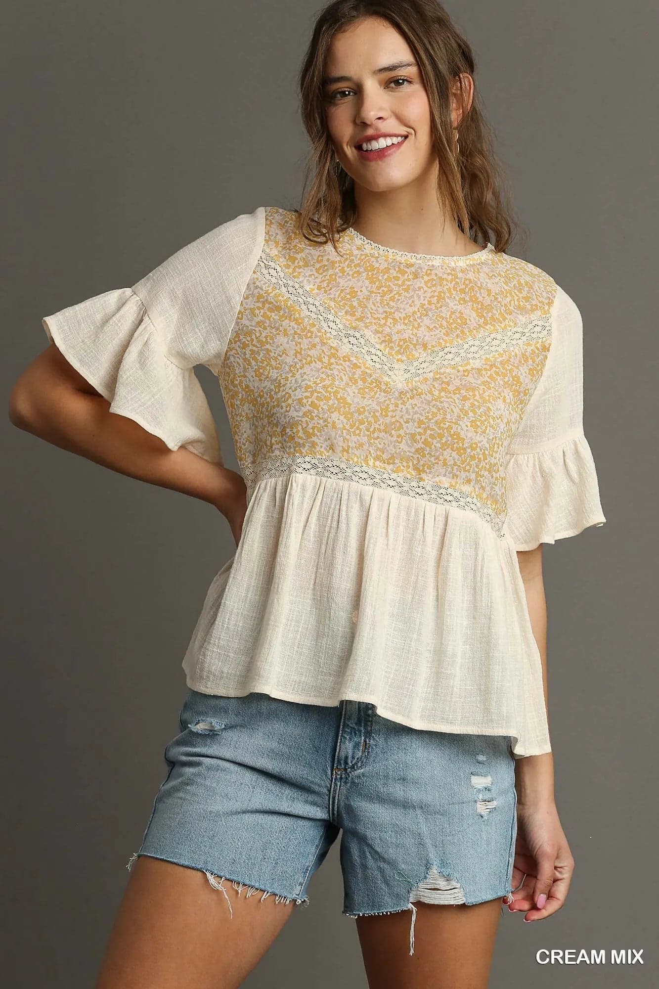 Umgee Floral Lace Trimmed Detail Half Sleeve Babydoll Top - CREAM MIX / S