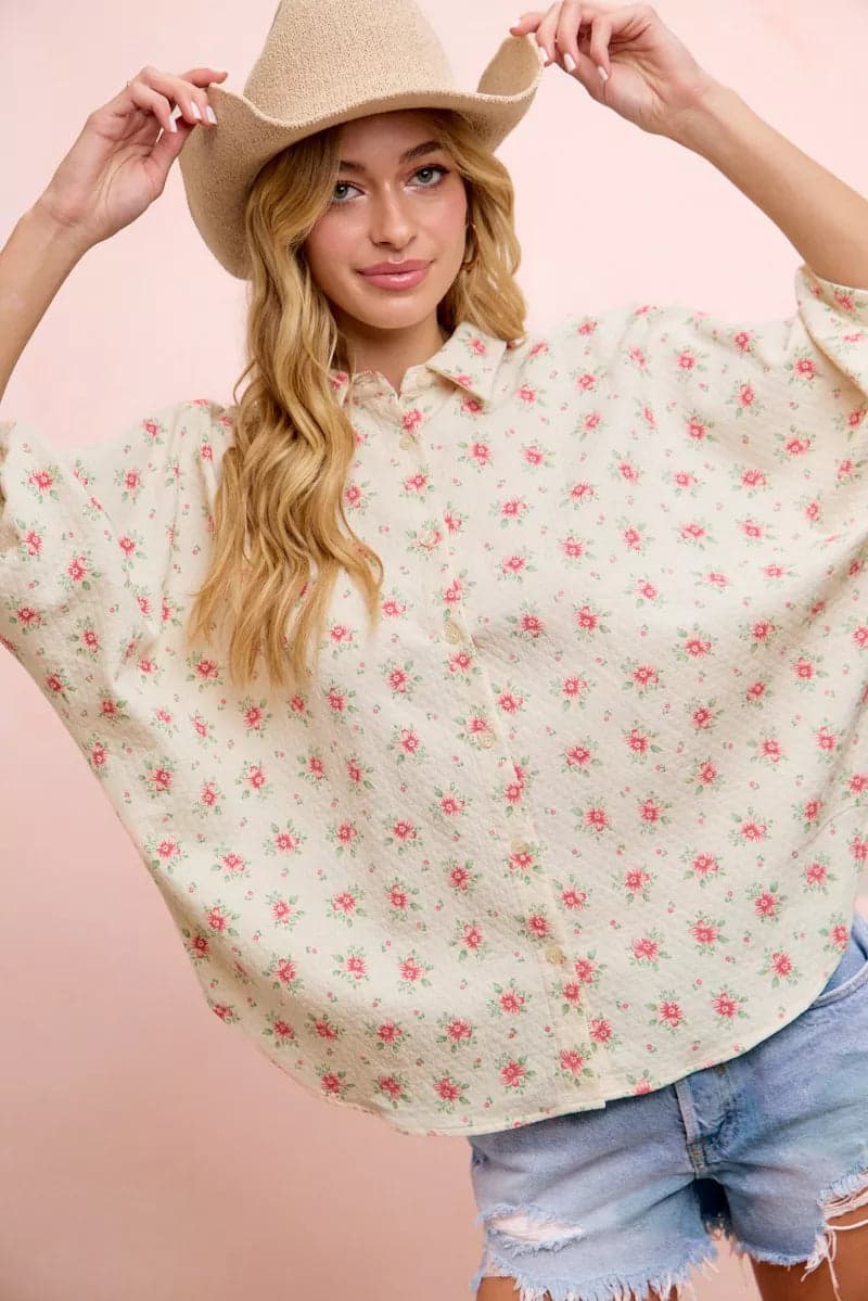 BiBi Flower Printed Short Dolman Blouse Top - Red Flower / XL - Thumbnail 3