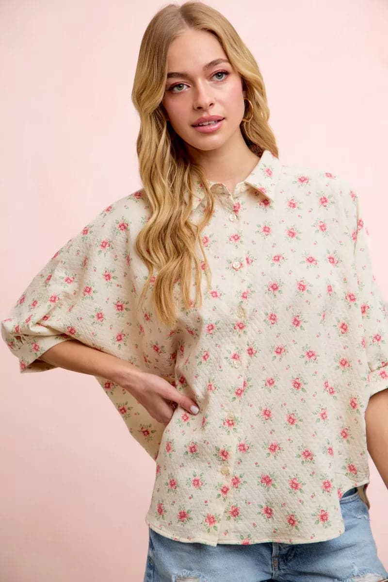 BiBi Flower Printed Short Dolman Blouse Top - Red Flower / L - Thumbnail 2