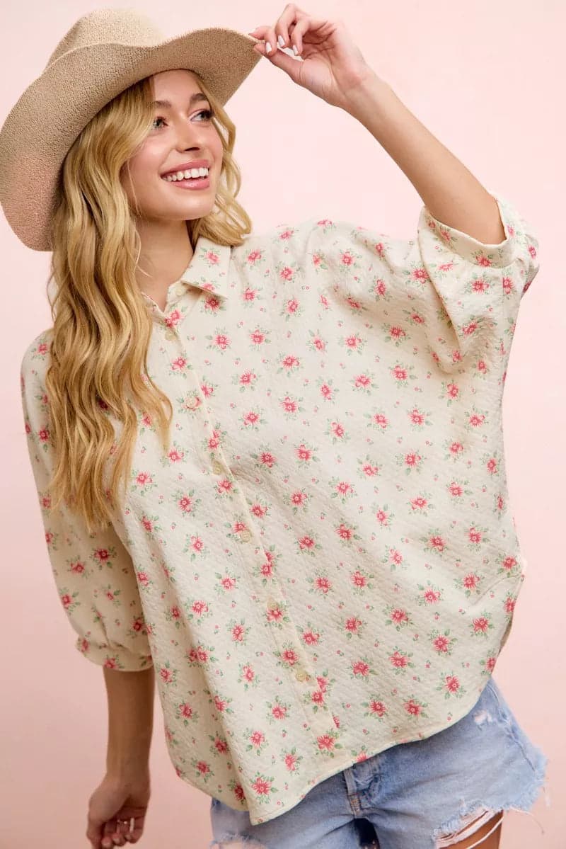 BiBi Flower Printed Short Dolman Blouse Top - Red Flower / L