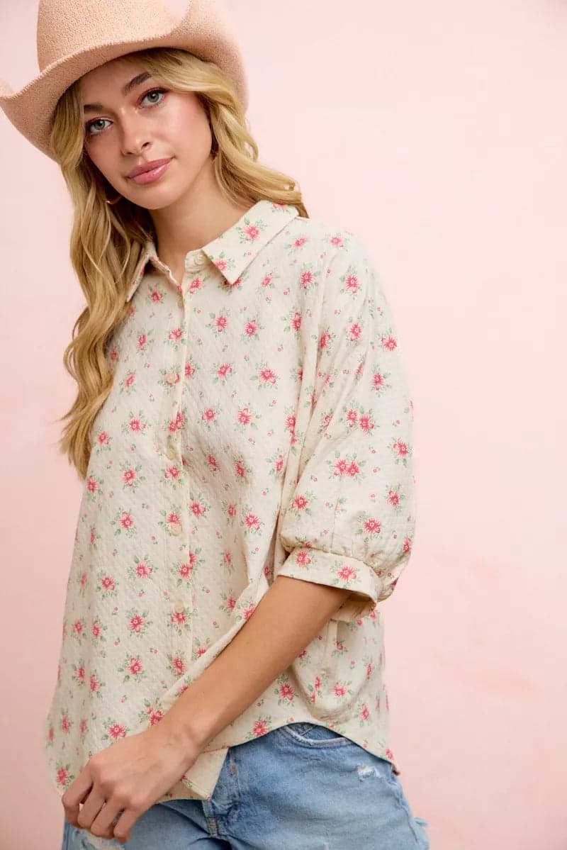 BiBi Flower Printed Short Dolman Blouse Top - Red Flower / M - Thumbnail 5