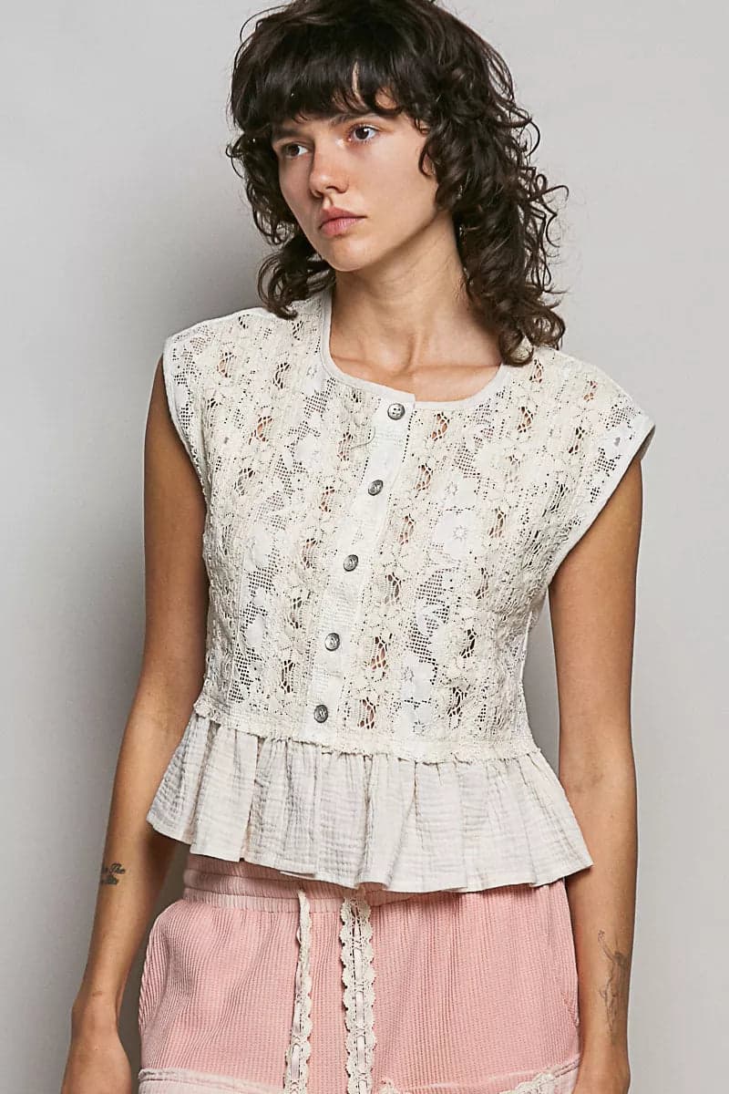 POL Round Neck Lace Sleeveless Top with Double Gauze Ruffle - NATURAL / M
