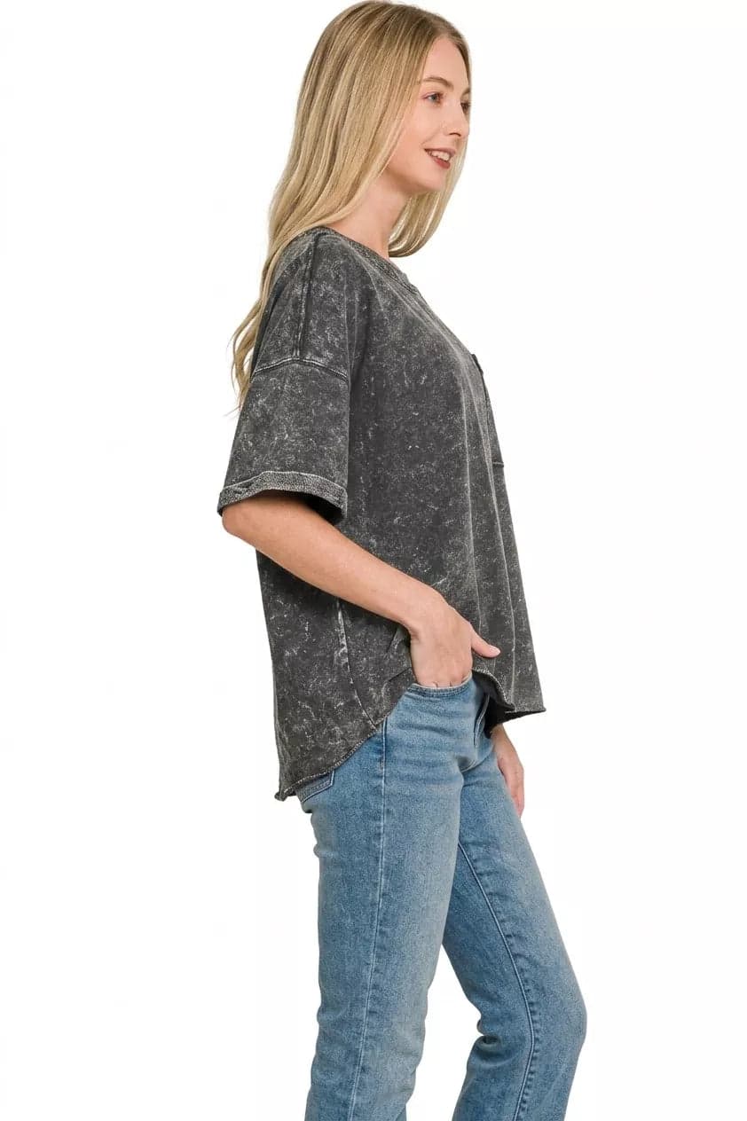 Zenana French Terry Acid Washed Exposed Seam T-shirts - ASH BLACK / L/XL - Thumbnail 2