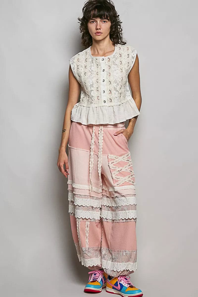POL Round Neck Lace Sleeveless Top with Double Gauze Ruffle - NATURAL / M - Thumbnail 5