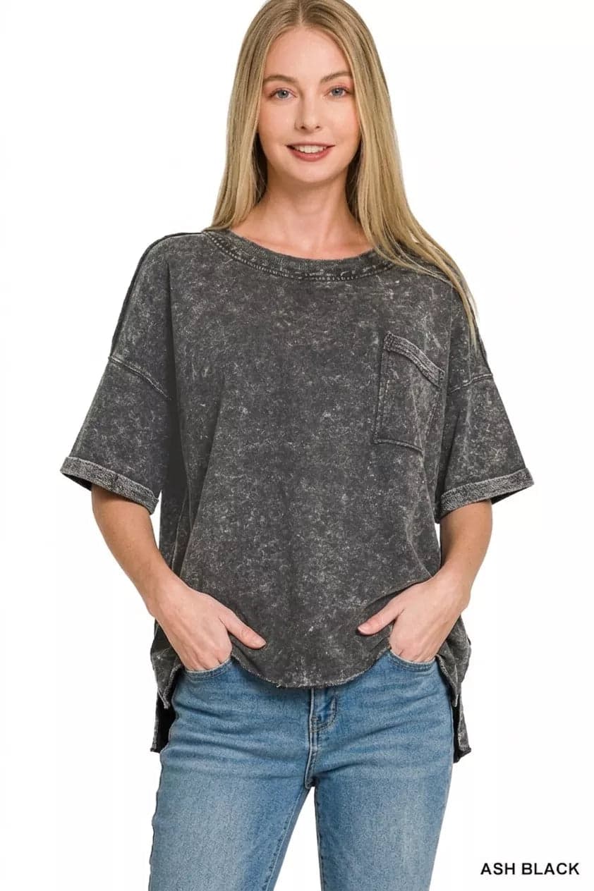 Zenana French Terry Acid Washed Exposed Seam T-shirts - ASH BLACK / L/XL - Thumbnail 3