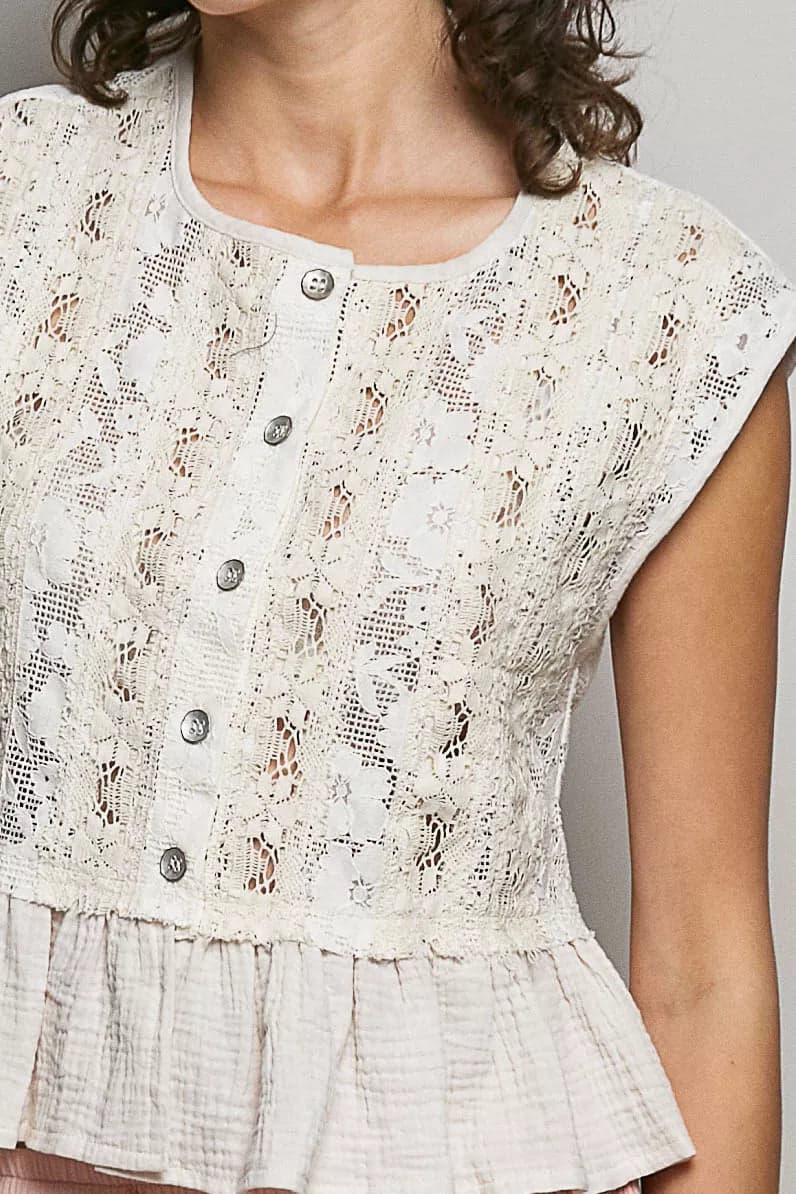 POL Round Neck Lace Sleeveless Top with Double Gauze Ruffle - NATURAL / L - Thumbnail 6