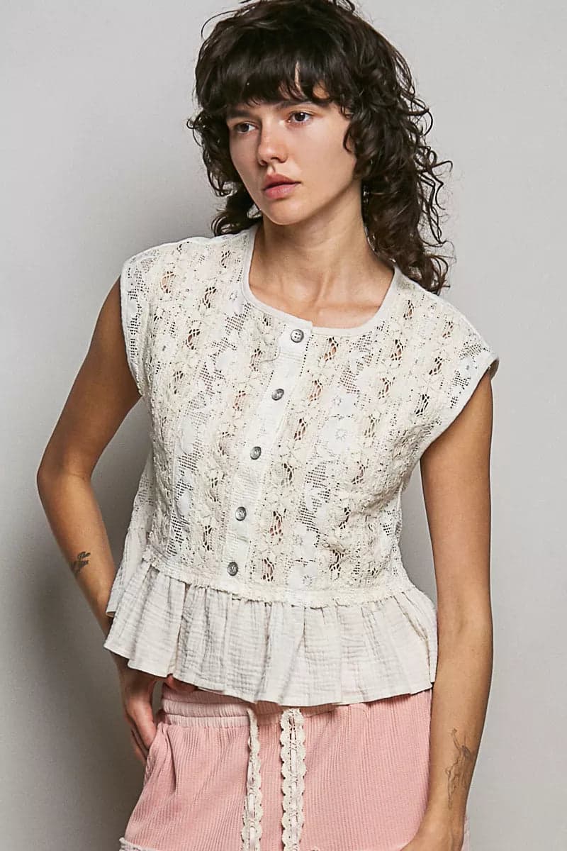 POL Round Neck Lace Sleeveless Top with Double Gauze Ruffle - NATURAL / L - Thumbnail 2