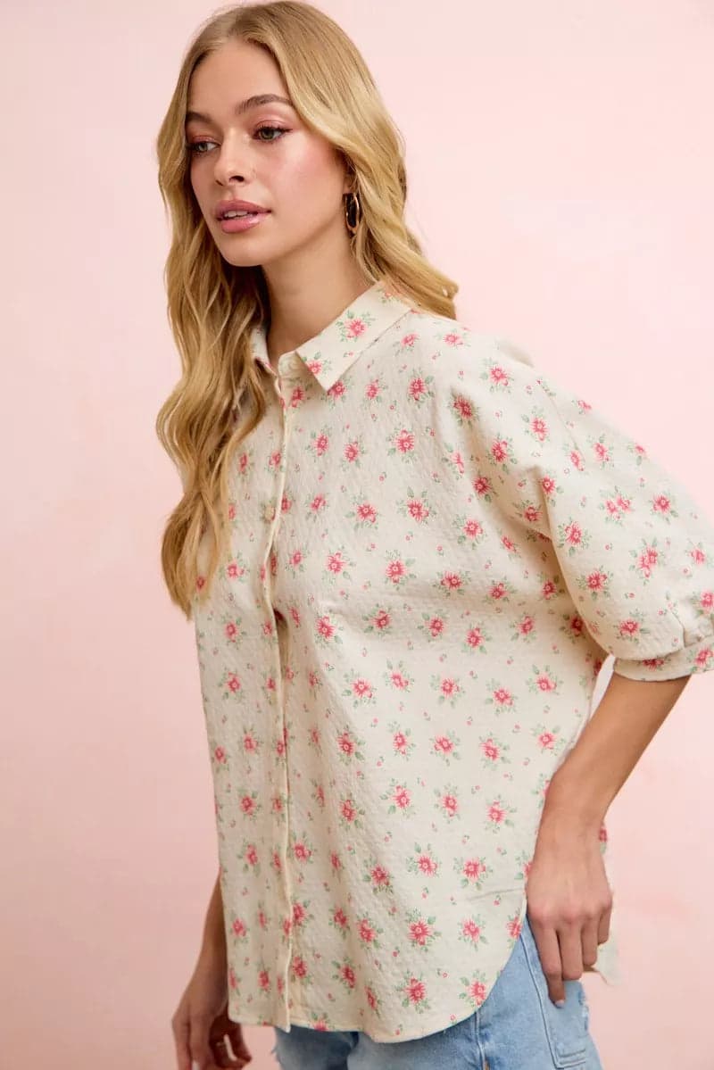 BiBi Flower Printed Short Dolman Blouse Top - Red Flower / S - Thumbnail 4