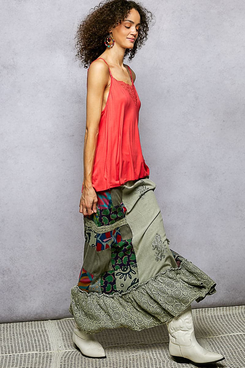 POL Printed Patchwork Embroidered Ruffled Skirt - SAGE MULTI / M - Thumbnail 6