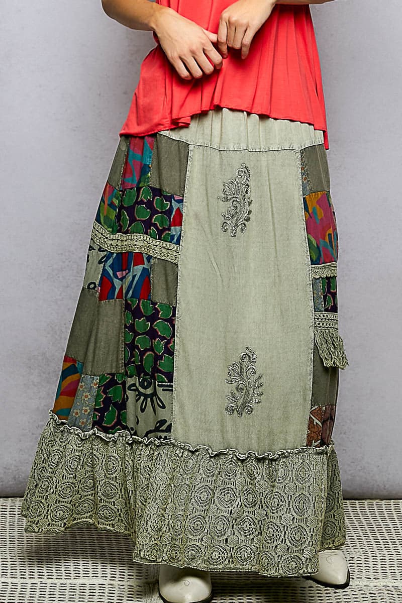 POL Printed Patchwork Embroidered Ruffled Skirt - SAGE MULTI / S