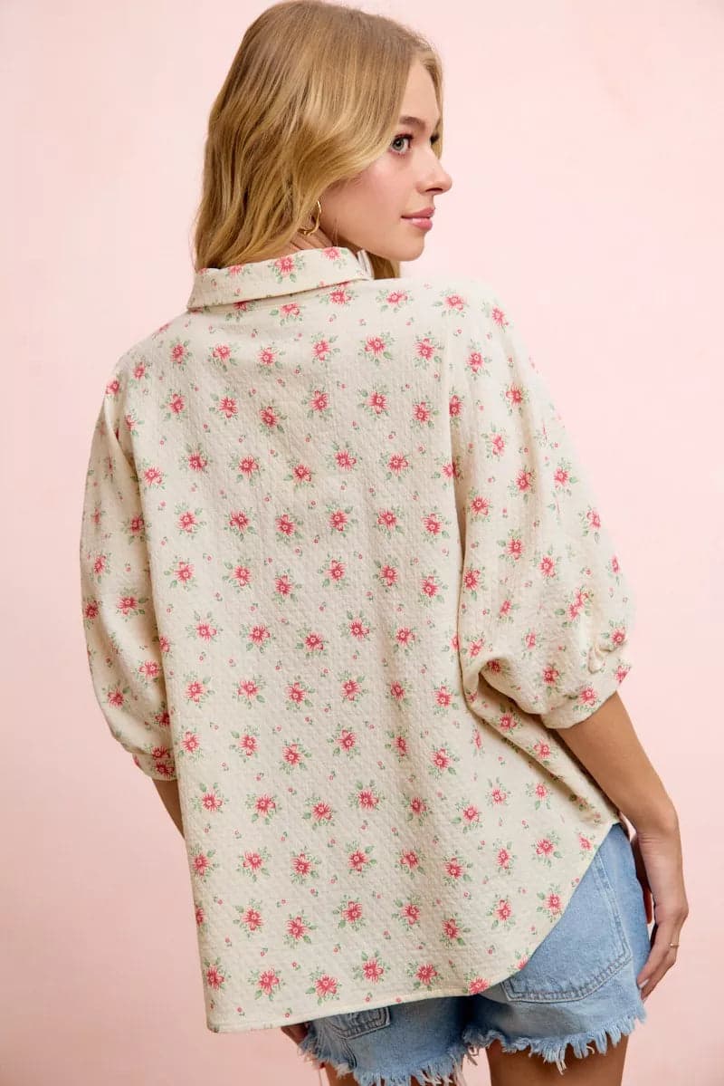 BiBi Flower Printed Short Dolman Blouse Top - Red Flower / L - Thumbnail 6