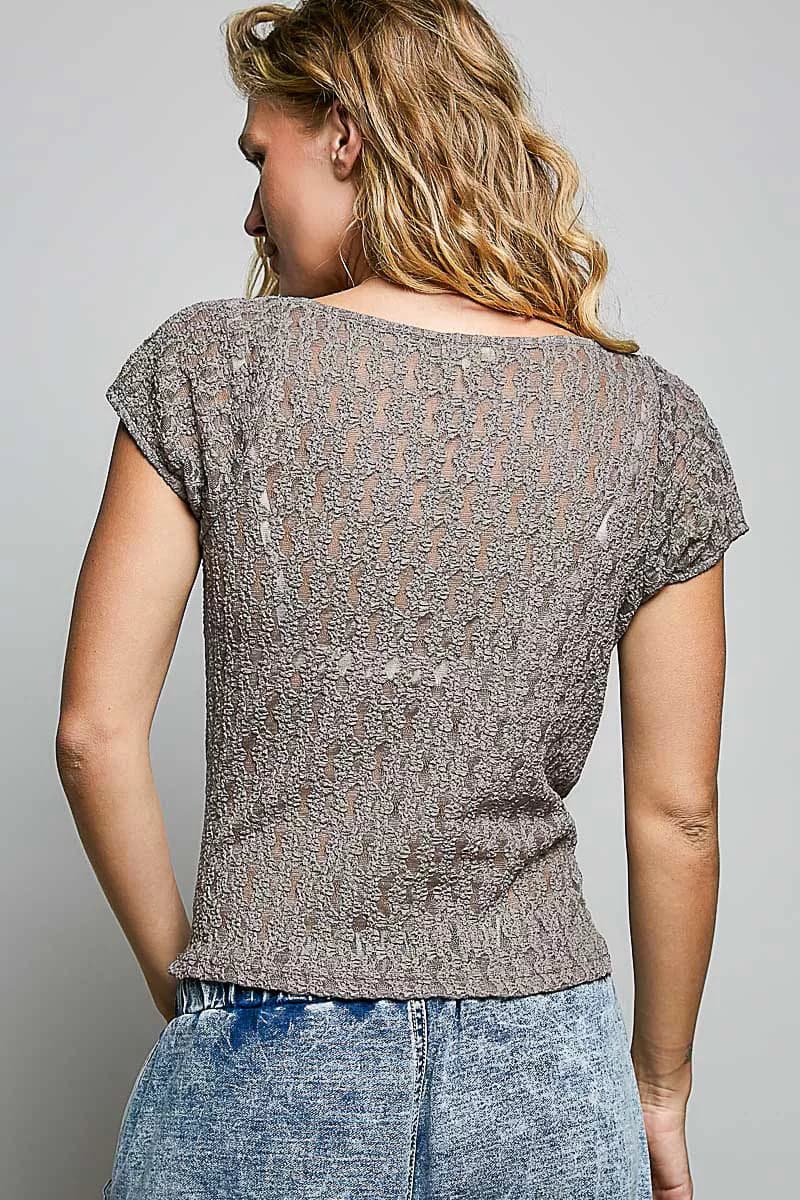 POL Sweetheart Neck Lace Short Sleeve Top - GREY / S - Thumbnail 4