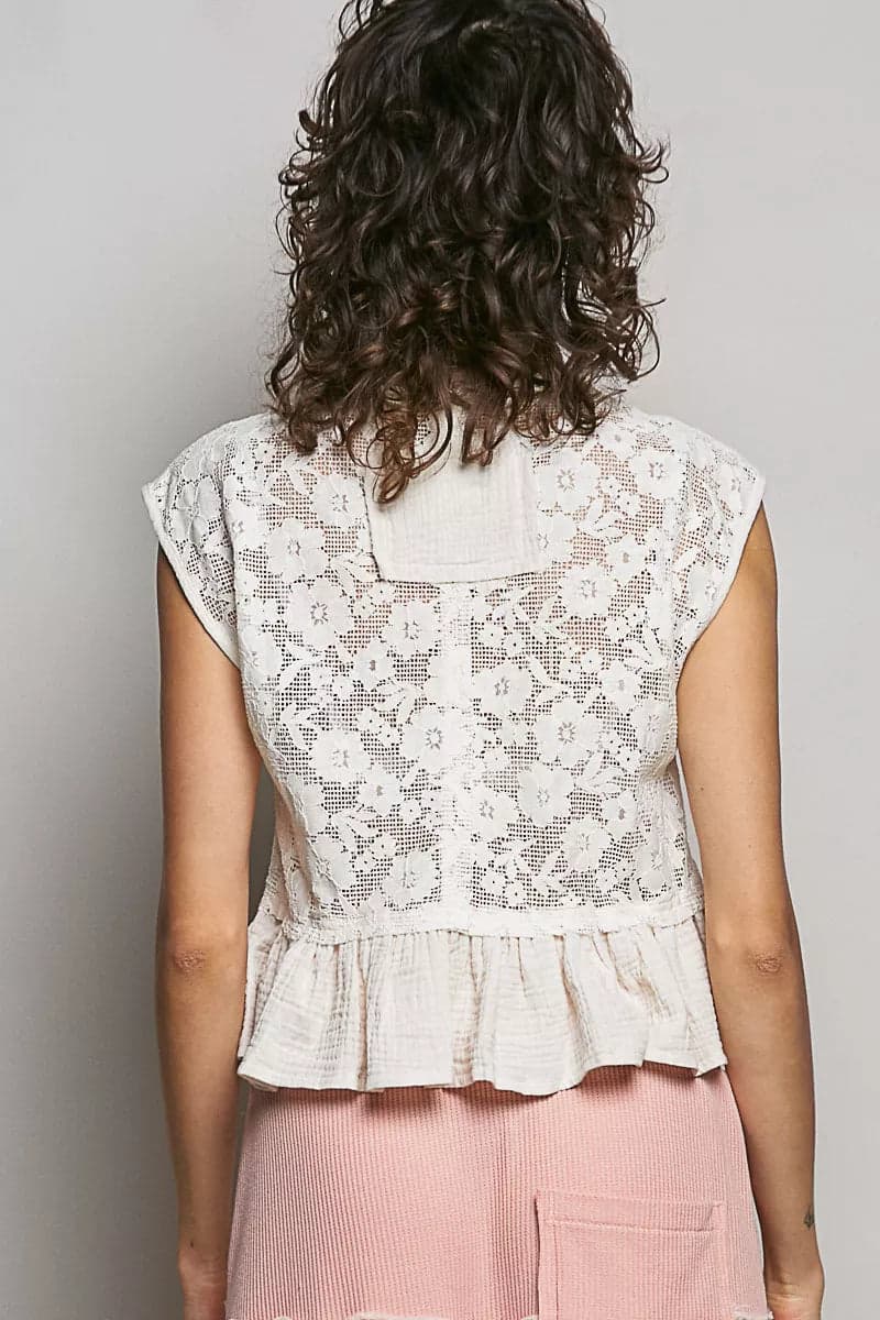 POL Round Neck Lace Sleeveless Top with Double Gauze Ruffle - NATURAL / S - Thumbnail 4