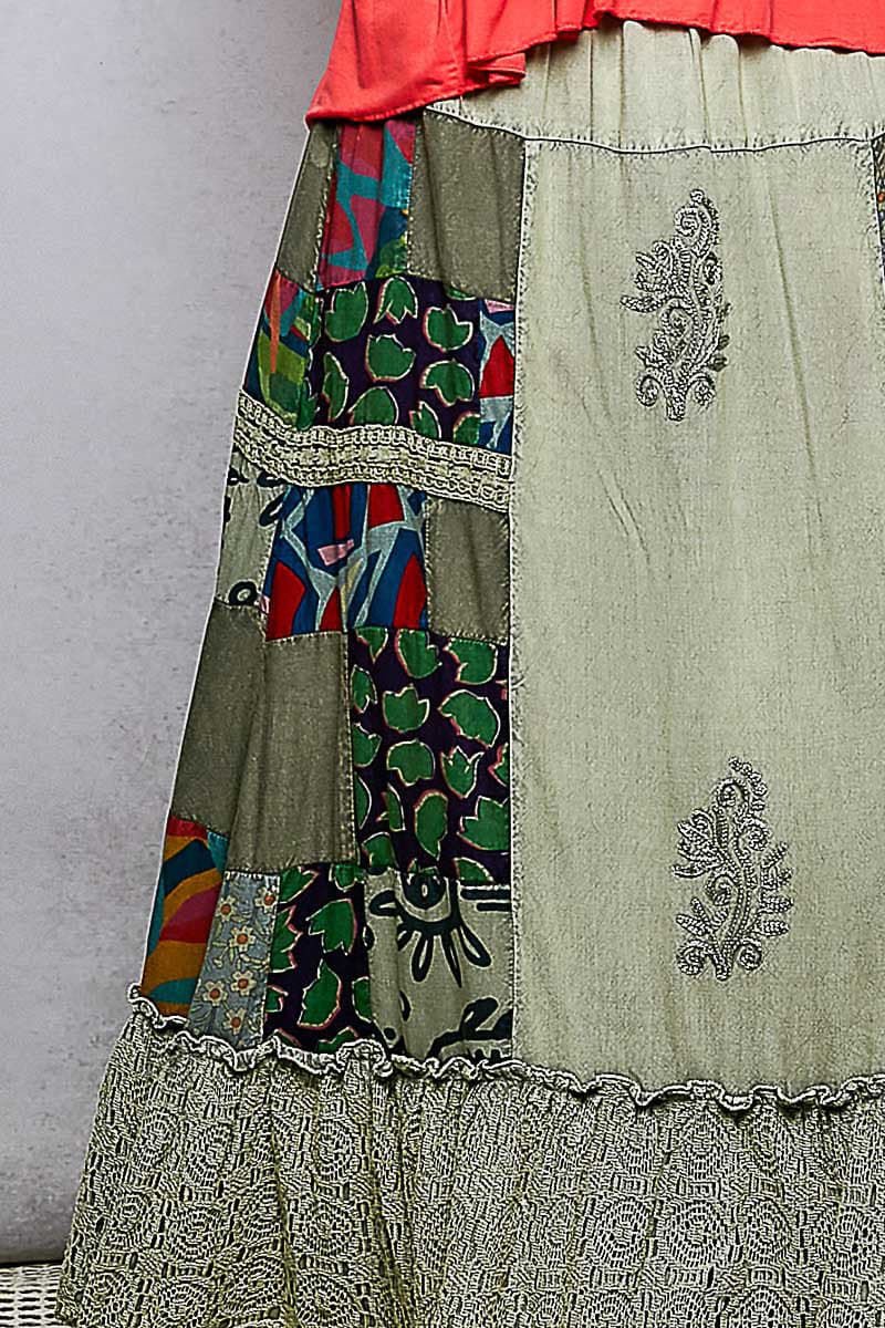 POL Printed Patchwork Embroidered Ruffled Skirt - SAGE MULTI / M - Thumbnail 7