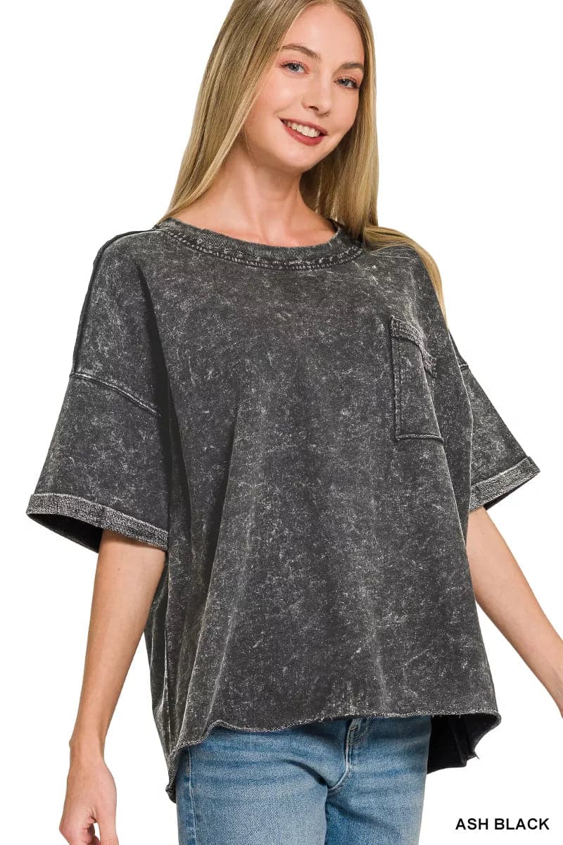 Zenana French Terry Acid Washed Exposed Seam T-shirts - ASH BLACK / L/XL