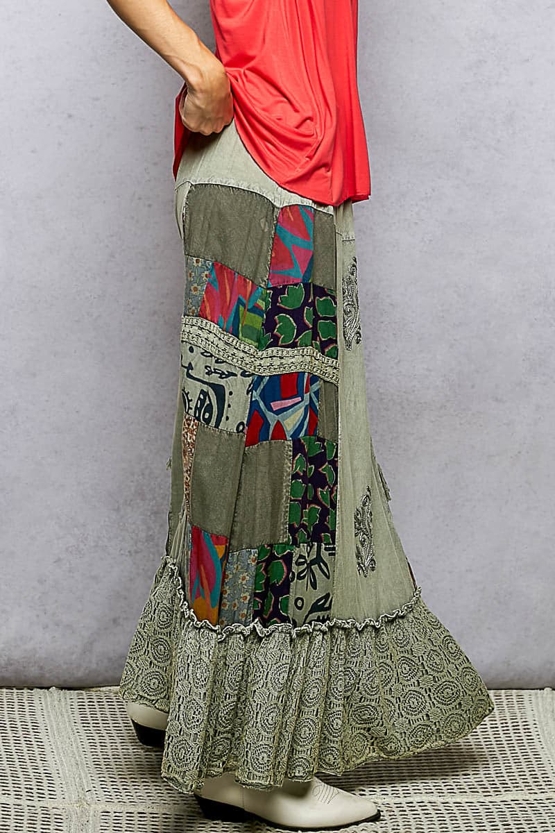 POL Printed Patchwork Embroidered Ruffled Skirt - SAGE MULTI / S - Thumbnail 2