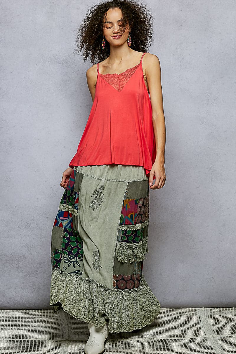 POL Printed Patchwork Embroidered Ruffled Skirt - SAGE MULTI / M - Thumbnail 5