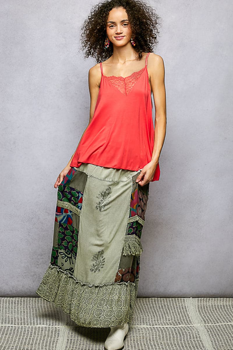POL Printed Patchwork Embroidered Ruffled Skirt - SAGE MULTI / S - Thumbnail 4