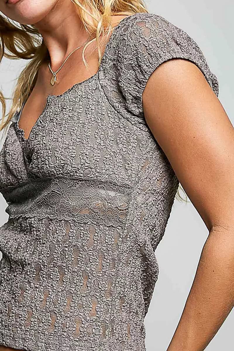 POL Sweetheart Neck Lace Short Sleeve Top - GREY / L - Thumbnail 6