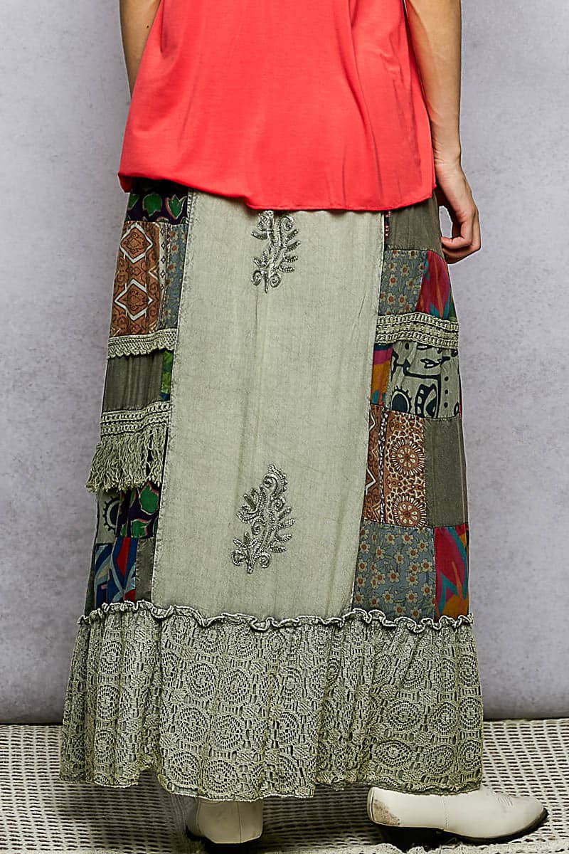 POL Printed Patchwork Embroidered Ruffled Skirt - SAGE MULTI / L - Thumbnail 3