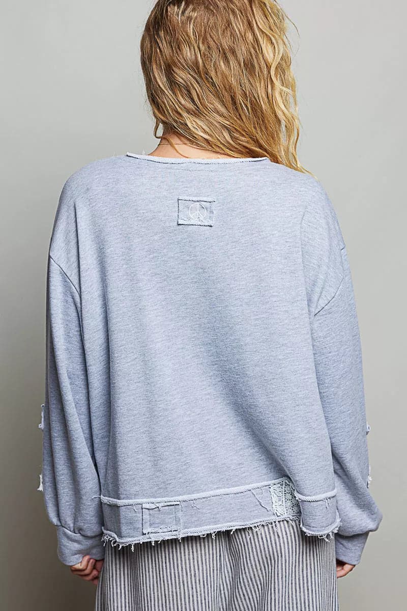 POL Exposed Outseam Crochet Patch V-Neck Sweatshirt with Open Wrap-Style Design - HEATHER GREY / M - Thumbnail 4