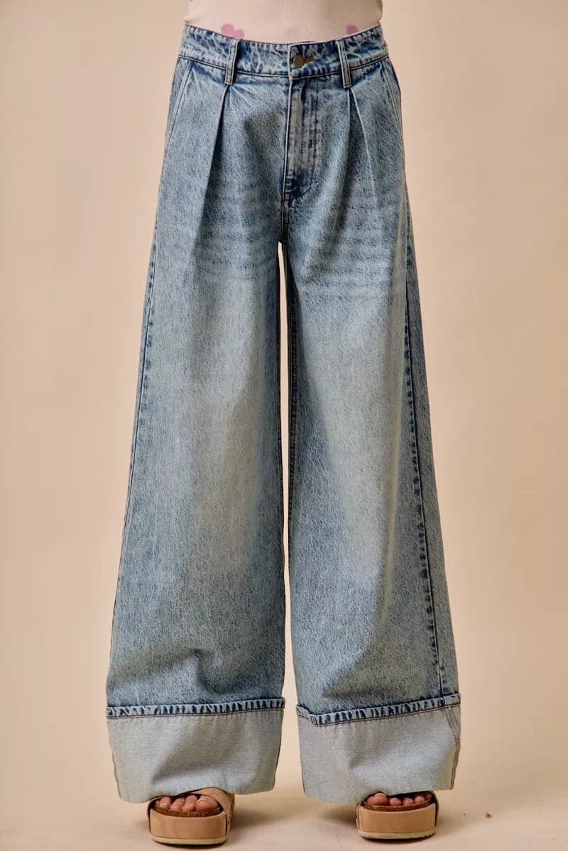 SO ME Mid Rise Plated Wid Leg Denim Jean - DENIM / M