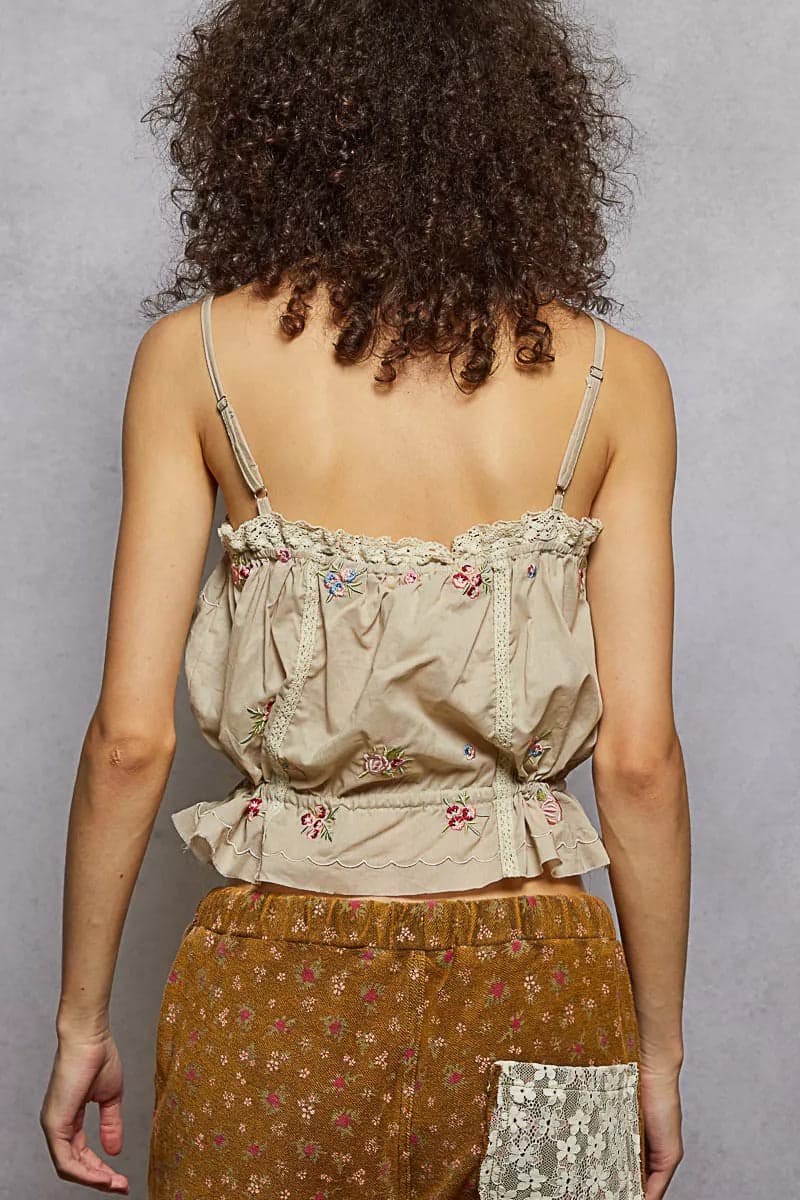 POL Button Down Floral Embroidered Cropped Cami with Lace Detail - TAUPE / S - Thumbnail 4