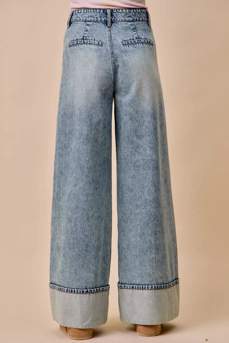 SO ME Mid Rise Plated Wid Leg Denim Jean - DENIM / M - Thumbnail 4
