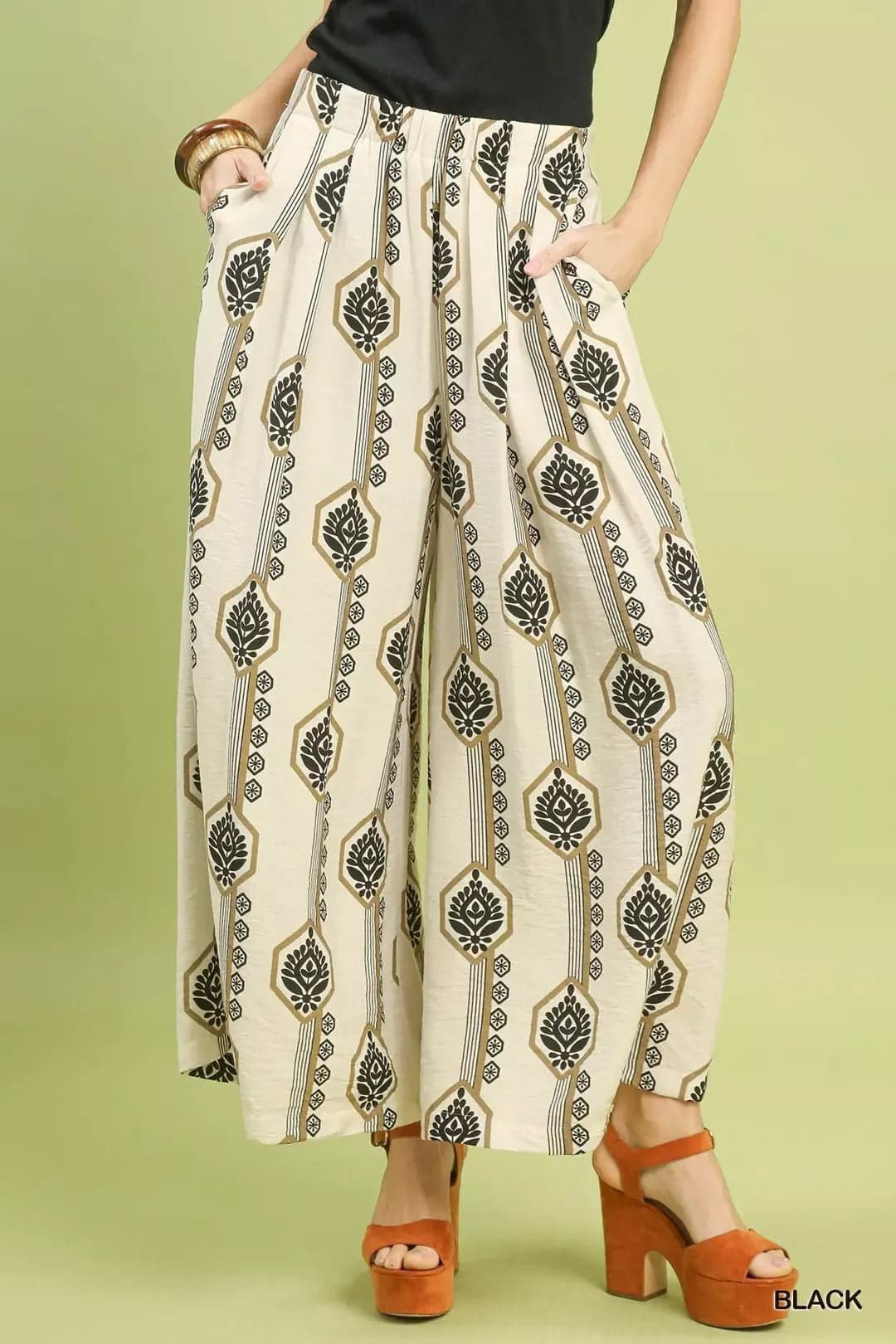 Umgee Geometric Boho Print Wide Leg Pants - BLACK / M