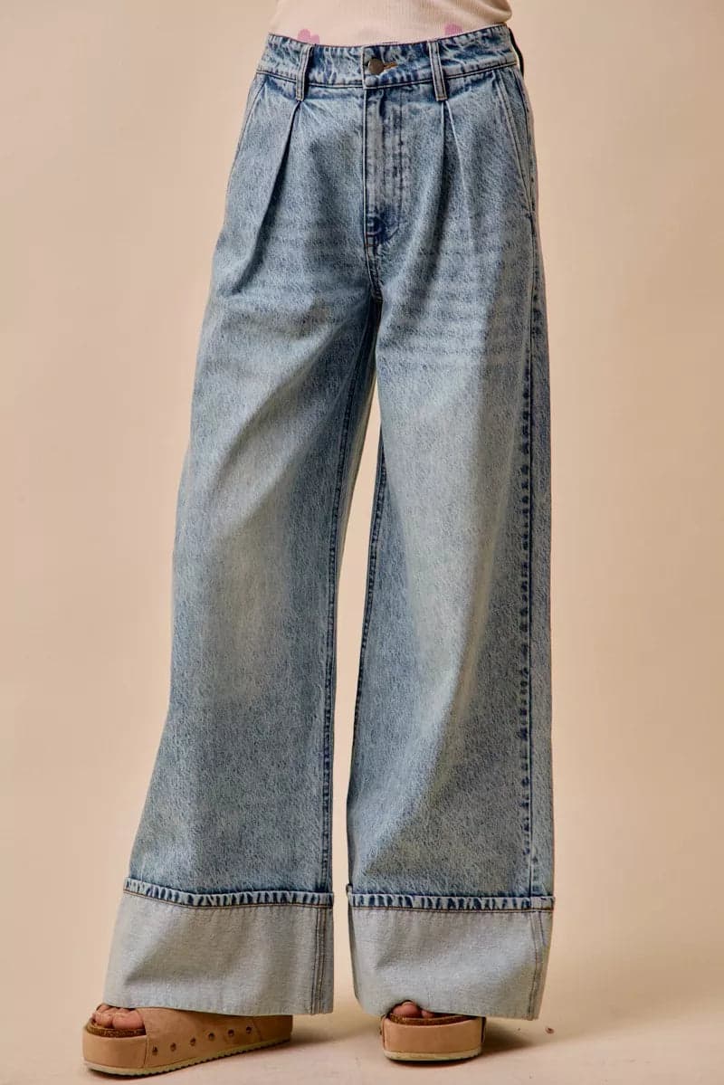 SO ME Mid Rise Plated Wid Leg Denim Jean - DENIM / S - Thumbnail 3
