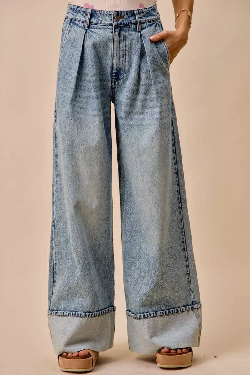SO ME Mid Rise Plated Wid Leg Denim Jean - DENIM / XL - Thumbnail 2