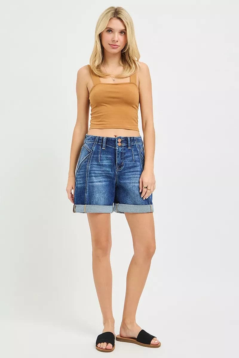 RISEN High Rise Seamed Roll Up Shorts - DARK / S - Thumbnail 7