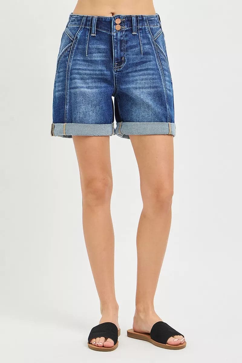 RISEN High Rise Seamed Roll Up Shorts - DARK / XL - Thumbnail 5
