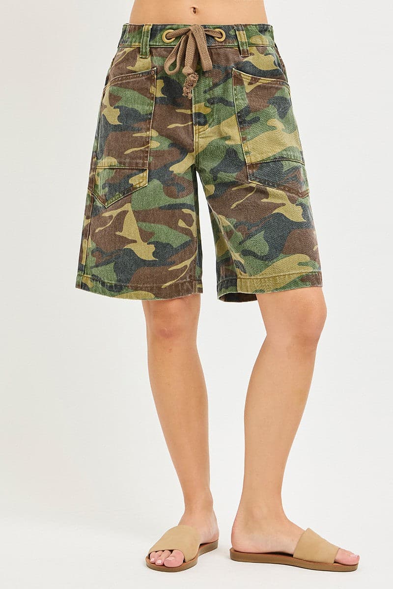 RISEN Camo Print Slouchy Jorts with Eyelet Drawstring - CAMO / S