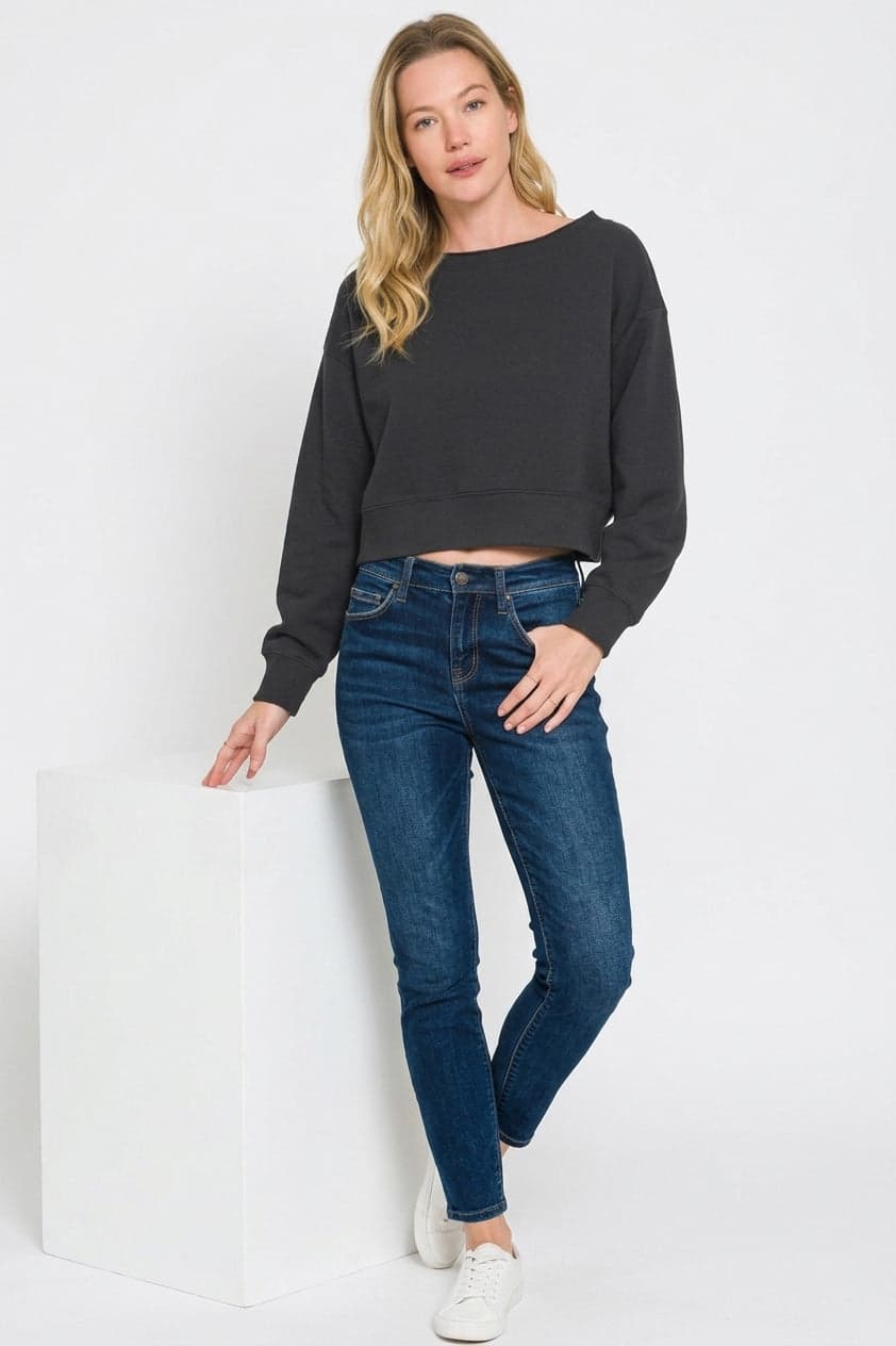 Zenana Fleece Boat-neck Sweatshirt - BLACK / S - Thumbnail 2