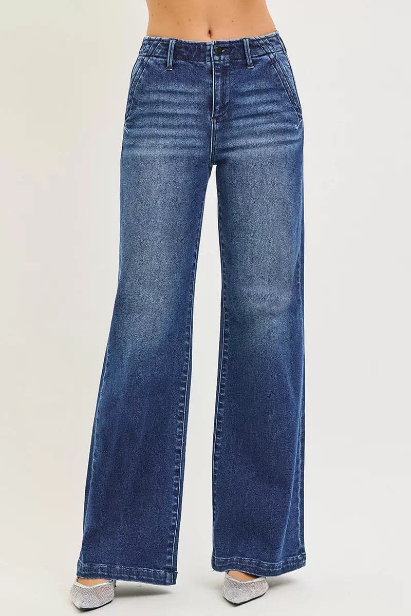 RISEN High Rise Wide Leg Slanted Pocket Jeans - DARK / 1