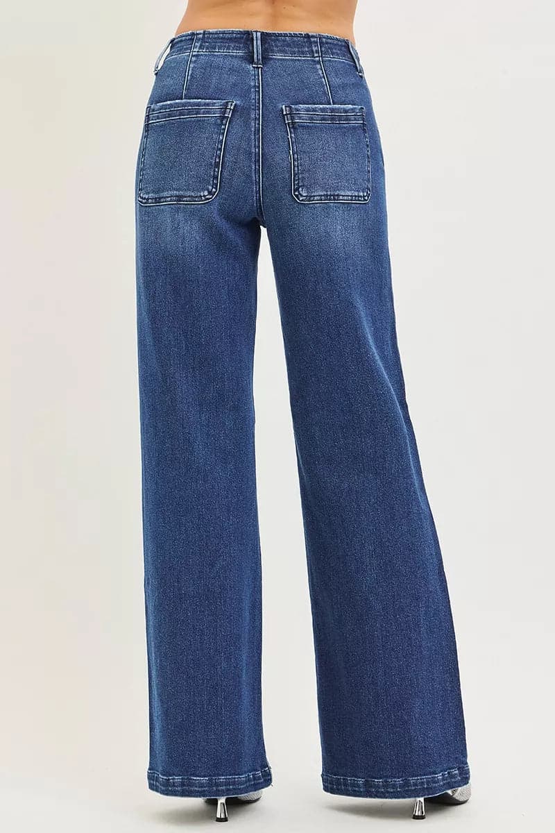 RISEN High Rise Wide Leg Slanted Pocket Jeans - DARK / 9 - Thumbnail 5