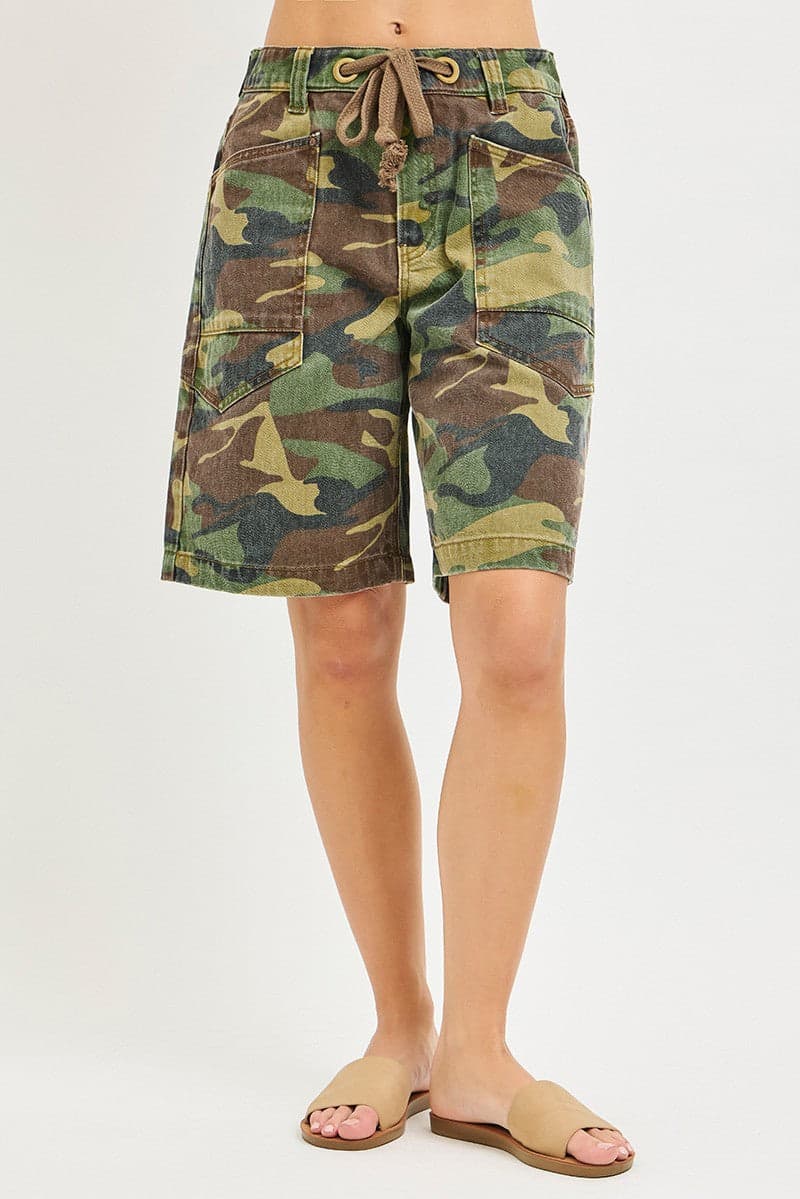 RISEN Camo Print Slouchy Jorts with Eyelet Drawstring - CAMO / S - Thumbnail 2