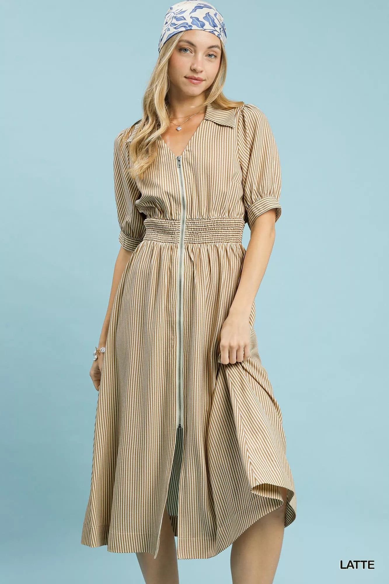Umgee Striped Midi Dress with Front Zipper - LATTE / M