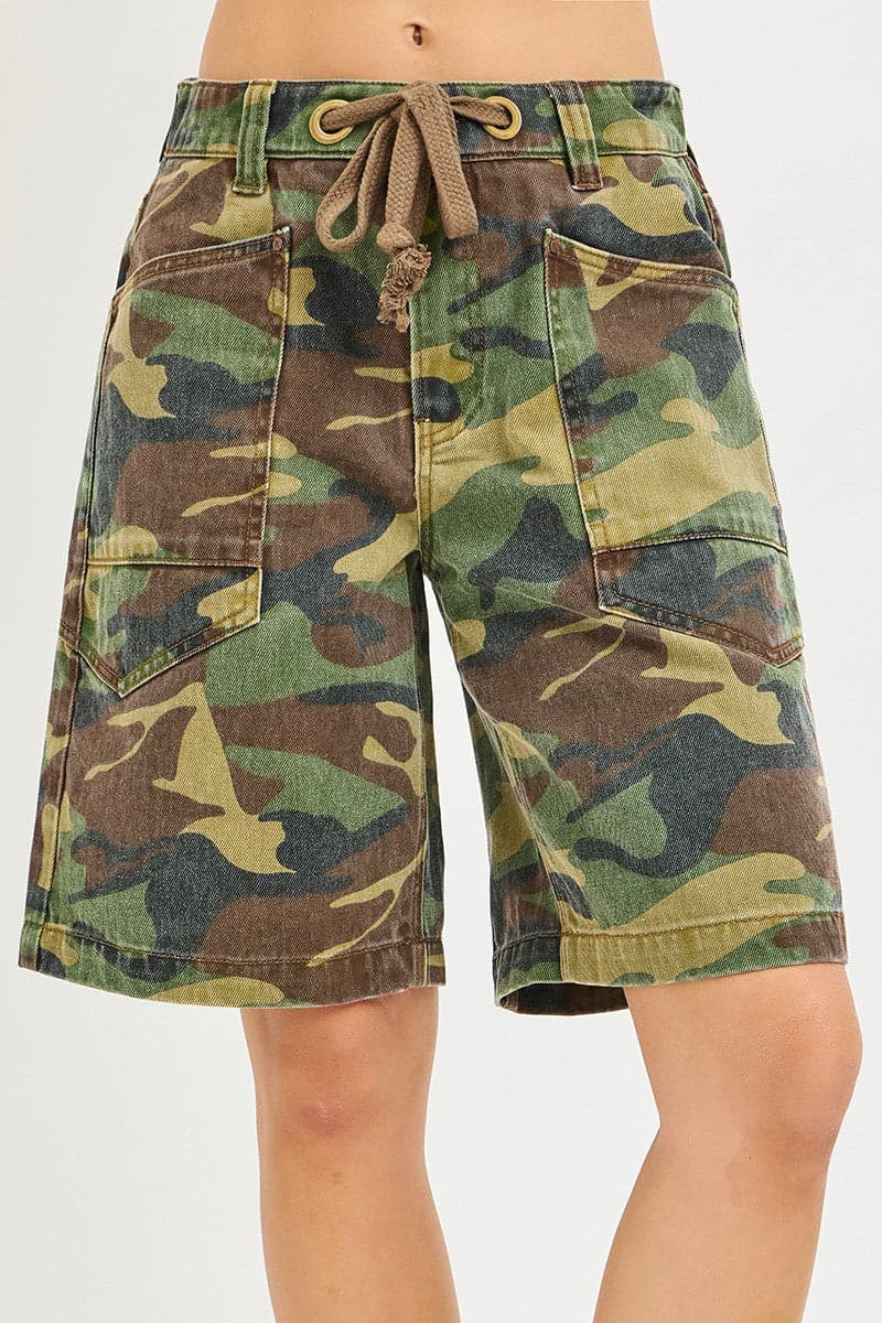 RISEN Camo Print Slouchy Jorts with Eyelet Drawstring - CAMO / S - Thumbnail 6