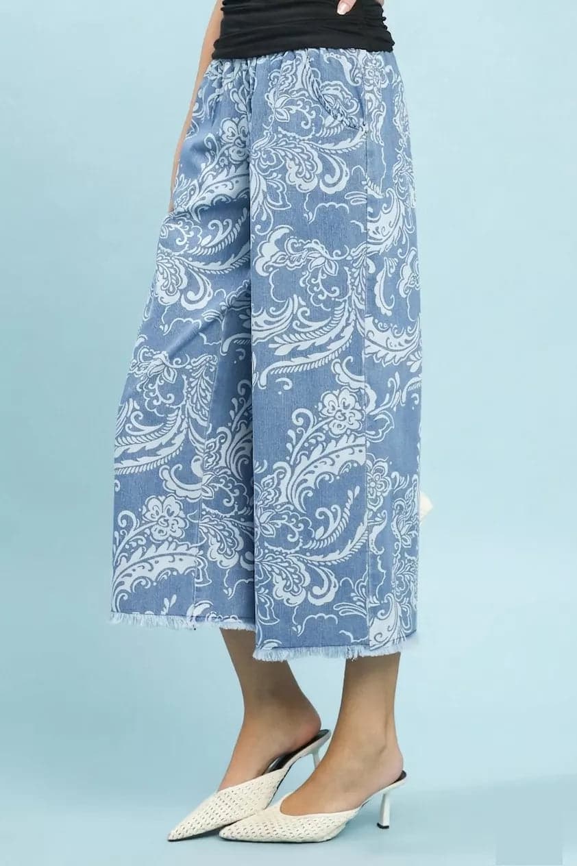 Umgee Stone Wash Wide Leg Crop Pants - LT. DENIM / L - Thumbnail 2