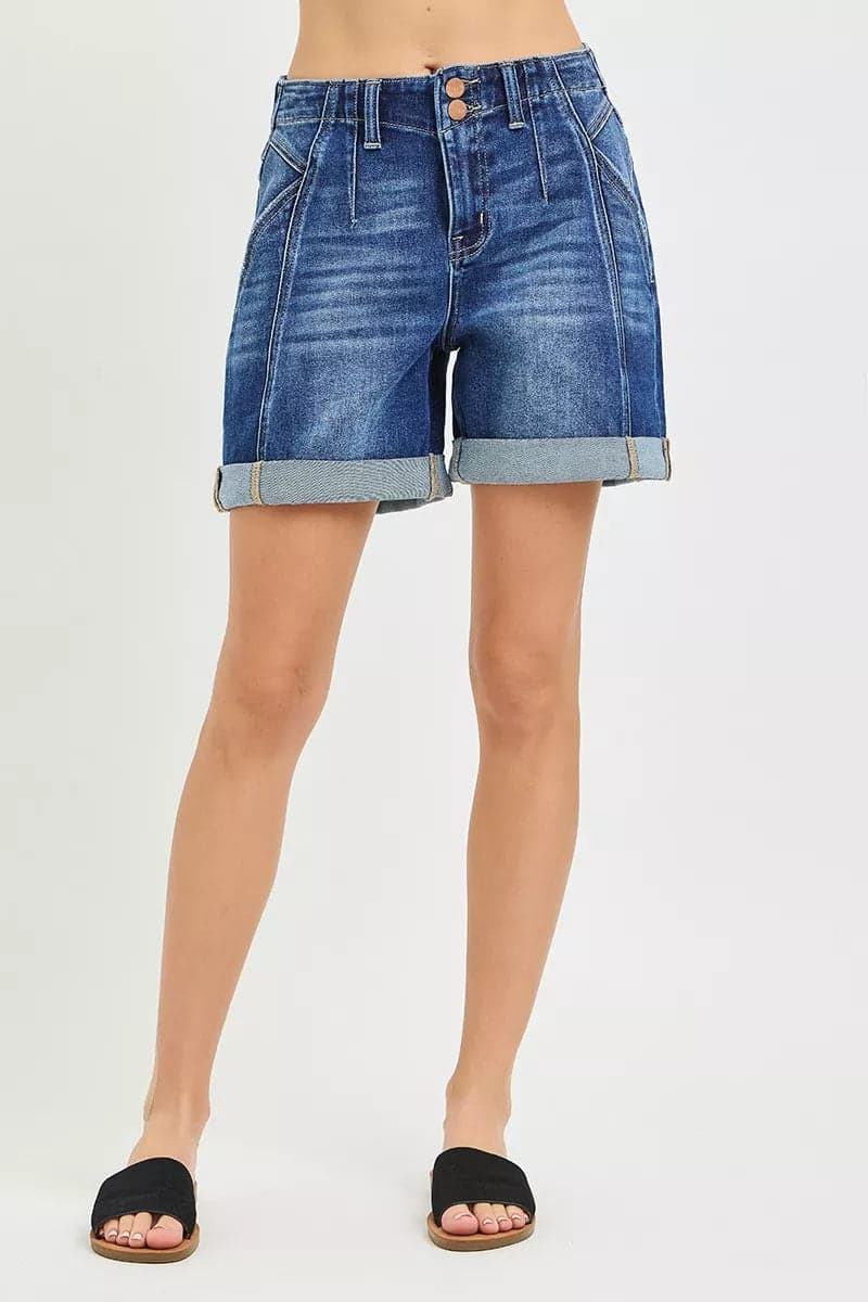 RISEN High Rise Seamed Roll Up Shorts - DARK / L - Thumbnail 4