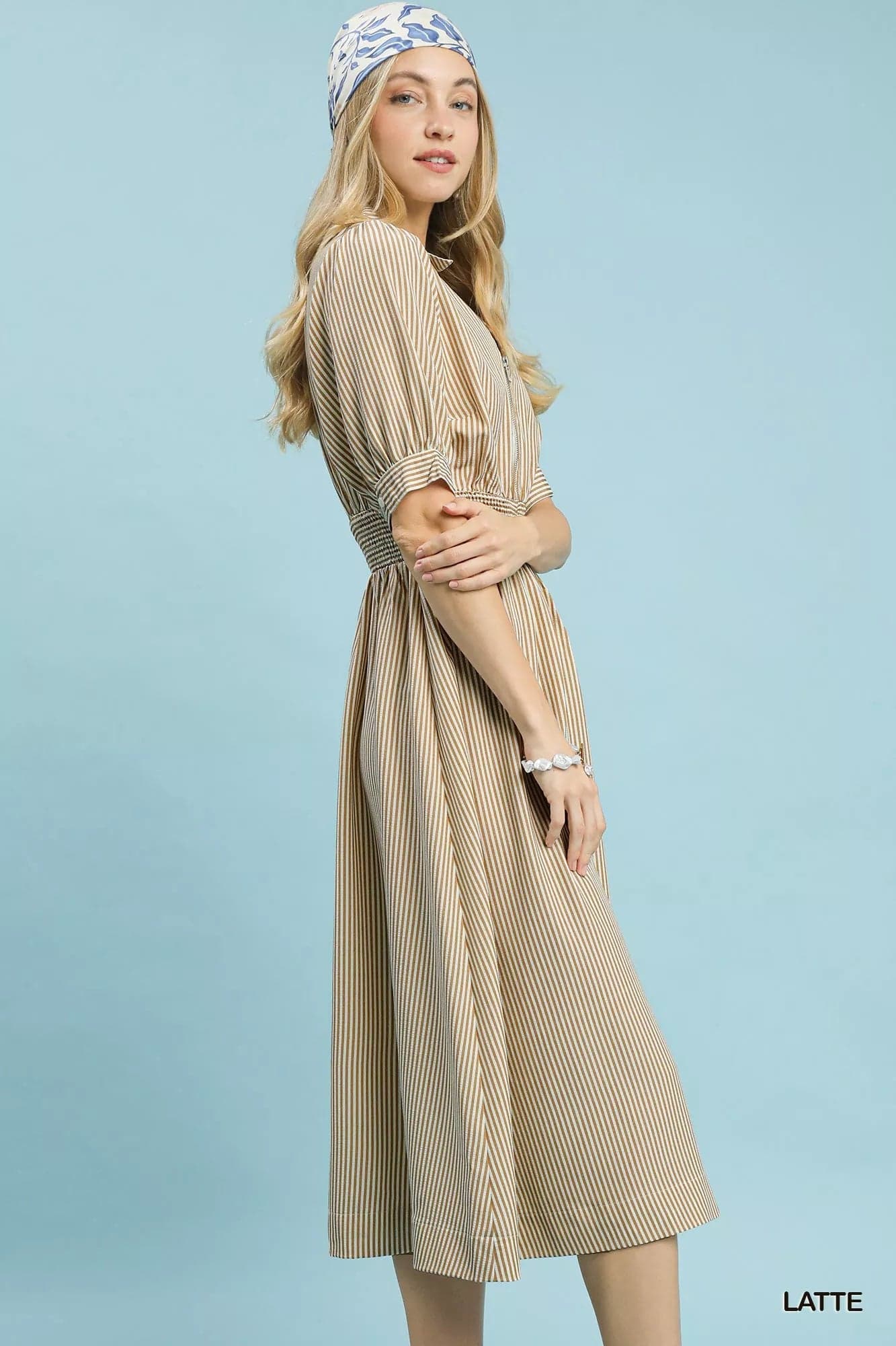 Umgee Striped Midi Dress with Front Zipper - LATTE / L - Thumbnail 2