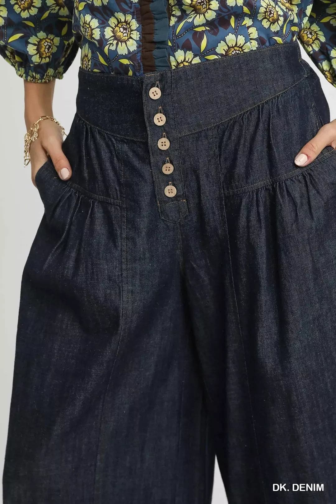 Umgee Stone Washed Wide-Leg Button-Front Culottes - DK. DENIM / S - Thumbnail 4