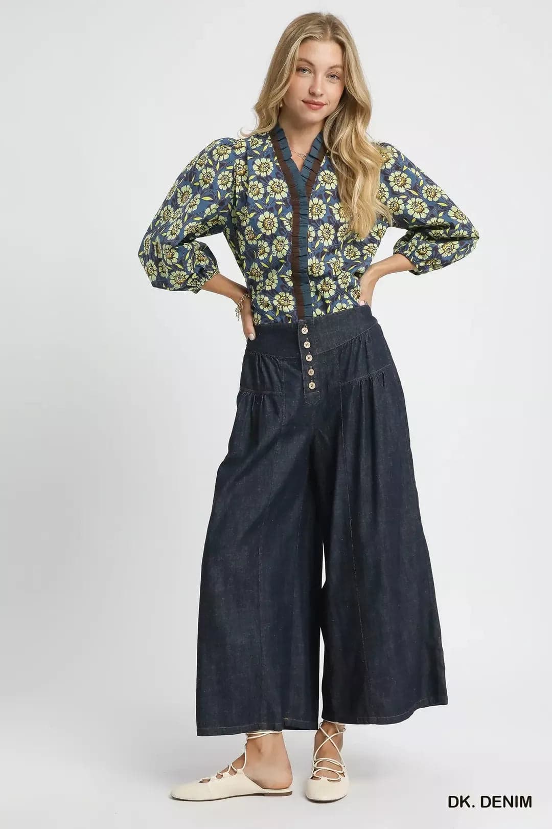 Umgee Stone Washed Wide-Leg Button-Front Culottes - DK. DENIM / M - Thumbnail 5
