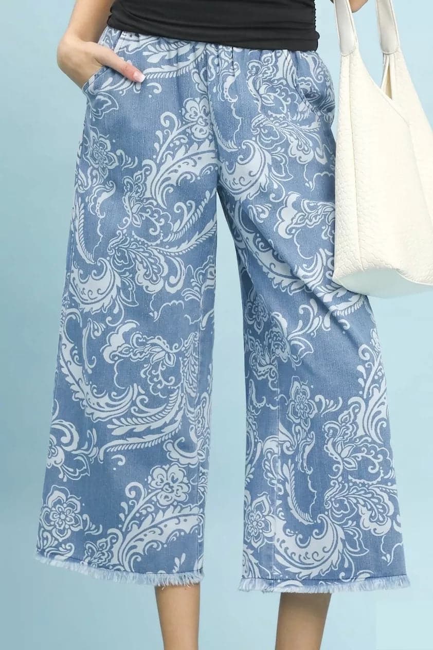 Umgee Stone Wash Wide Leg Crop Pants - LT. DENIM / L