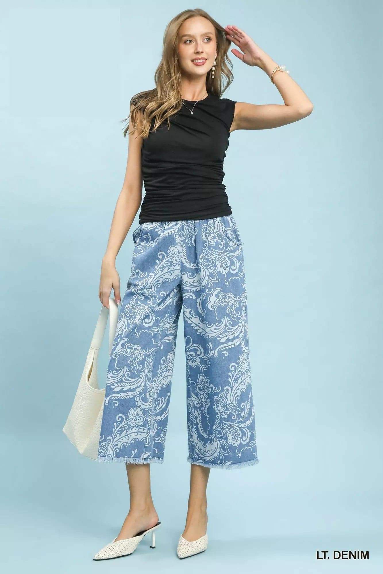 Umgee Stone Wash Wide Leg Crop Pants - LT. DENIM / S - Thumbnail 5